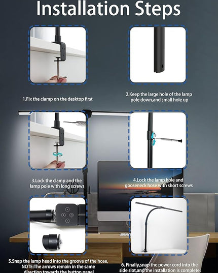 LED Desk Lamp with Remote for Home Office,24W Bright Desk Light with Clamp for Study Reading, Double Head Eye-Caring Clip on Lights,10 Dimmable Brightness, 50,000H Life Span,Desk Lamp for Workbench - LeafyLoom