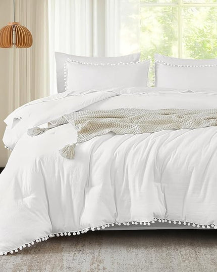 Litanika California King Comforter Set White,3 Pieces White Boho Pom Pom Lightweight Bed Comforter, All Season Soft Solid Color Bedding Comforter Sets (1 Comforter 104x96 Inch, 2 Pillowcases) - LeafyLoom