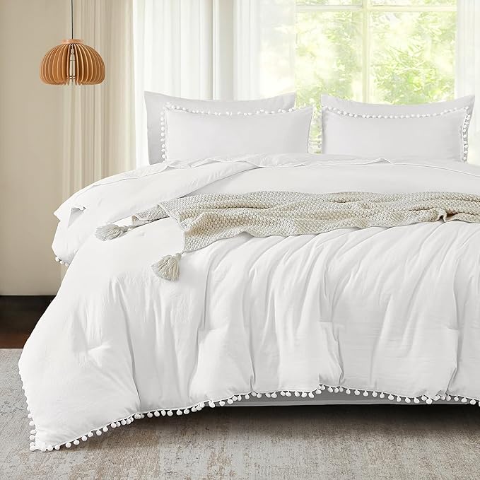 Litanika California King Comforter Set White,3 Pieces White Boho Pom Pom Lightweight Bed Comforter, All Season Soft Solid Color Bedding Comforter Sets (1 Comforter 104x96 Inch, 2 Pillowcases) - LeafyLoom