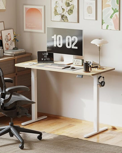 Cubiker 55 x 24 Inch Standing Desk, Stand up Height Adjustable Home Office Electric Table, Sit Stand Desk with Splice Board, White Frame & Light Rustic Brown Desktop - LeafyLoom