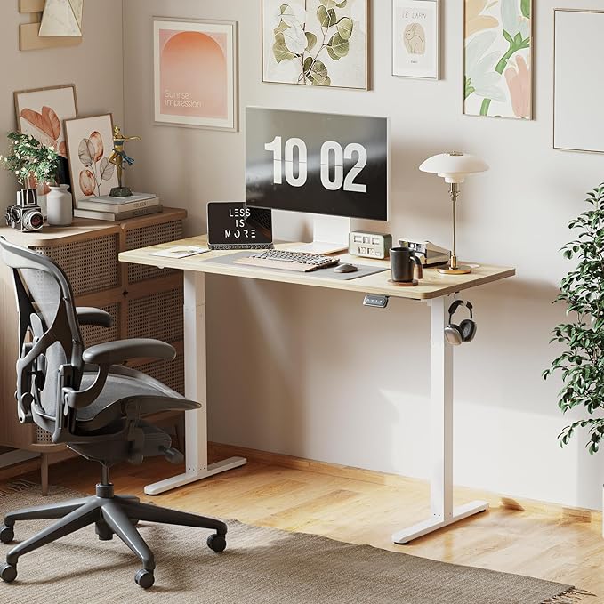 Cubiker 55 x 24 Inch Standing Desk, Stand up Height Adjustable Home Office Electric Table, Sit Stand Desk with Splice Board, White Frame & Light Rustic Brown Desktop - LeafyLoom