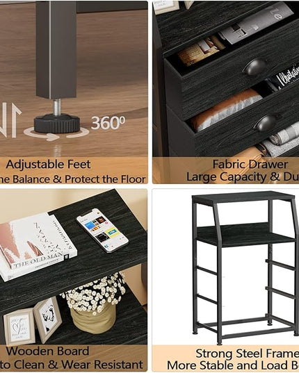 Furnulem Black Dresser for Bedroom, Small Nightstand with 3 Fabric Storage Drawers and 2-Tier Shelf, End Table Side Furniture for Closet, Hallway, Nursery, Sturdy Steel Frame, Wood Top (Black Oak) - LeafyLoom