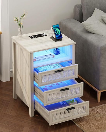 Rattan Nightstands Set of 2 with Charging Station, Night Stand with 3 Drawers and Open Shelf, Bedside Table with LED Lights for Bedroom, Living Room, Grey - LeafyLoom