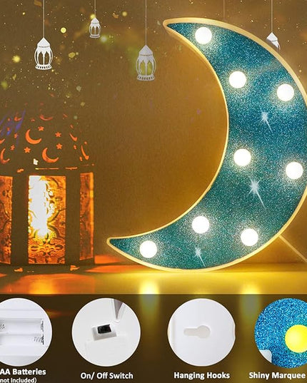 LED Moon Marquee Lights, Glitter LED Lighted Moon Lamp Decoration, Battery Operated Crescent Moon Night Light for Ramadan Home Table Baby Shower Party Decor, Shiny Blue Moon - LeafyLoom