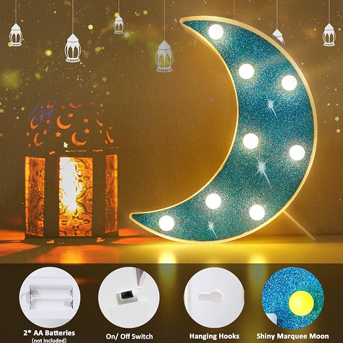 LED Moon Marquee Lights, Glitter LED Lighted Moon Lamp Decoration, Battery Operated Crescent Moon Night Light for Ramadan Home Table Baby Shower Party Decor, Shiny Blue Moon - LeafyLoom