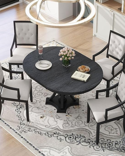 5-Piece Retro Elegant Extendable Round Dining Table Set with 4 Curved Armrest Upholstered Chairs for Kitchen, Breakfast Nook, Living Room, Oak, 42"-58" L x 42" W x 30" H, Black(Armchairs) - LeafyLoom