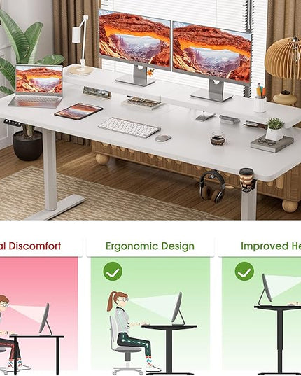 Electric Standing Desk with Monitor Shelf, 63 x 27 Inches Height Adjustable Corner Table, Computer Workstation with Cup Holder and Hook for Home Office, White, 63x27 Inch - LeafyLoom