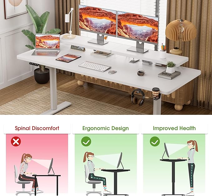 Electric Standing Desk with Monitor Shelf, 63 x 27 Inches Height Adjustable Corner Table, Computer Workstation with Cup Holder and Hook for Home Office, White, 63x27 Inch - LeafyLoom