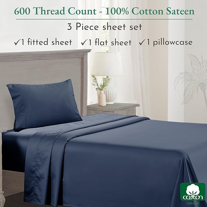 California Design Den Luxury Twin Sheet Set - 100% Cotton, 600 Thread Count Deep Pocket Twin Sheets, Soft Hotel-Quality Bedding with Sateen Weave - Royal Navy Blue - LeafyLoom