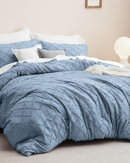 Bedsure Queen Comforter Set - Grayish Blue Comforter, Boho Tufted Shabby Chic Bedding Comforter Set, 3 Pieces Vintage Farmhouse Bed Set for All Seasons, Fluffy Soft Bedding Set with 2 Pillow Shams - LeafyLoom