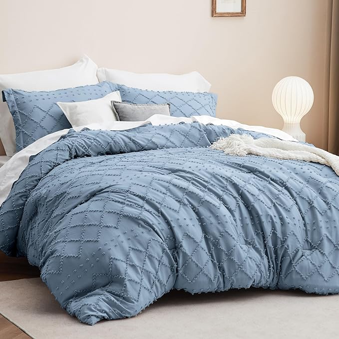 Bedsure Full Size Comforter Set - Grayish Blue Comforter, Boho Tufted Shabby Chic Bedding Comforter Set, 3 Pieces Farmhouse Bed Set for All Seasons, Fluffy Soft Bedding Set with 2 Pillow Shams - LeafyLoom