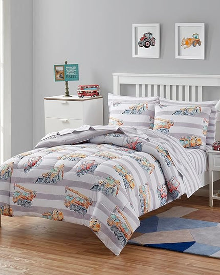 Kids Bedding Set Bed in a Bag for Boys and Girls Toddlers Printed Sheet Set and Comforter , Twin, Trucks - LeafyLoom