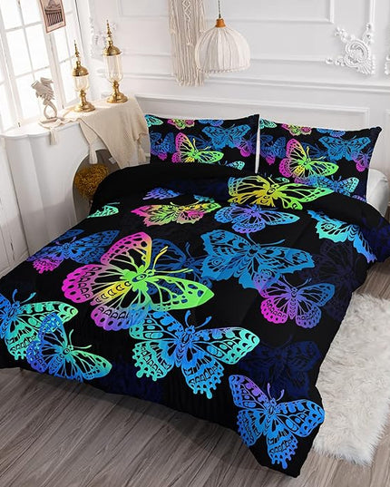 Axolotl Colorful Butterflies Bedding Set,Queen Size Kids Bed Set,Gradient Butterfly Comforter Set,1 Quilt with 2 Pillowcases for Boys Girls Kids Teens Children Adults Room Decor All Season,Black - LeafyLoom