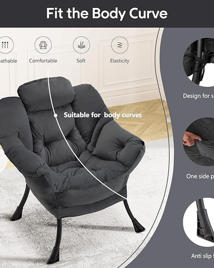 Fabric Lazy Chair Large Accent Chair,Velvet Frabic Modern Lounge Reading Chair with Armrests & Side Pocket,Upholstered Armchair for Living Room,Bedroom,Dorm,Dark Grey - LeafyLoom