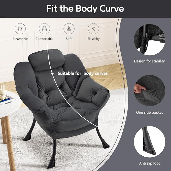 Fabric Lazy Chair Large Accent Chair,Velvet Frabic Modern Lounge Reading Chair with Armrests & Side Pocket,Upholstered Armchair for Living Room,Bedroom,Dorm,Dark Grey - LeafyLoom