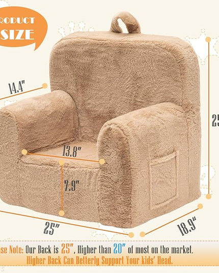 Snuggly-Soft Cuddly Toddler Plush Armchair for Boys and Girls Fuzzy Plush Kids Sofa Couch Reading Chair with Children Friendly Handle for Easy Movement & Double Pockets for Good Storage, Camel - LeafyLoom