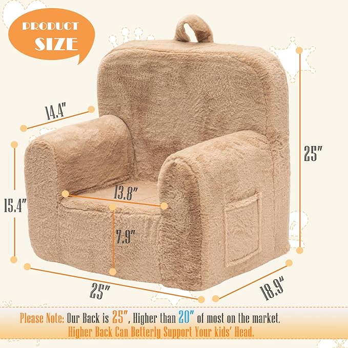 Snuggly-Soft Cuddly Toddler Plush Armchair for Boys and Girls Fuzzy Plush Kids Sofa Couch Reading Chair with Children Friendly Handle for Easy Movement & Double Pockets for Good Storage, Camel - LeafyLoom