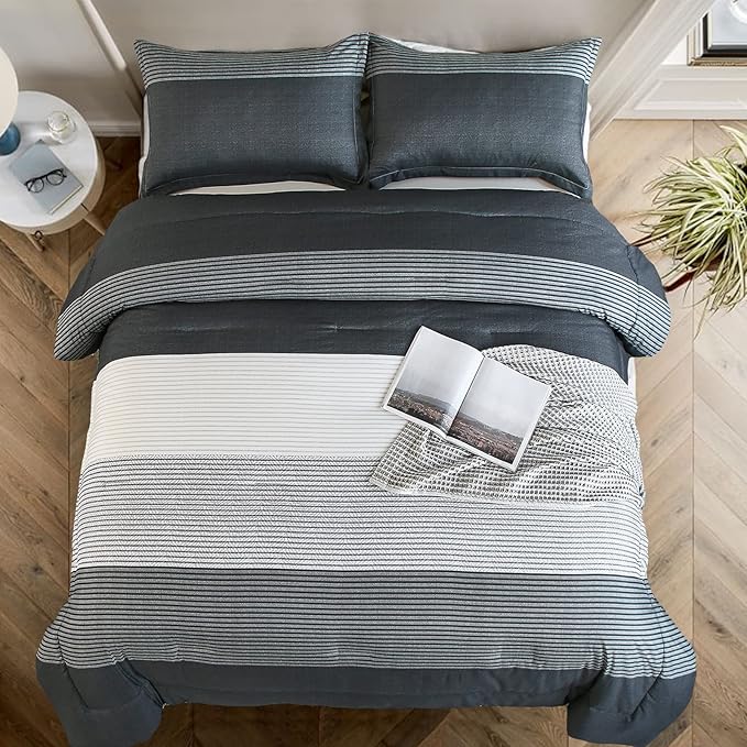 Dark Grey Comforter Set King, Reversible Dark Grey Striped Down Alternative Comforter for King Bed,3 Pieces (1 Comforter+2 Pillowcases), Soft Microfiber Bedding Duvet Set 104 inch X 90 inch - LeafyLoom
