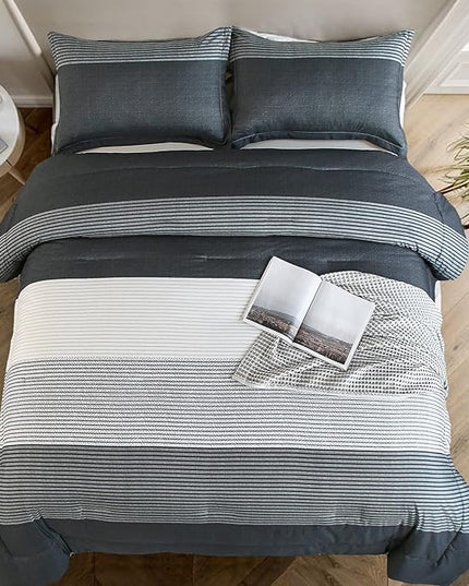 WONGS BEDDING Dark Grey Comforter Set Queen, Reversibl Grey Stripe Down Alternative Comforter for All Season,3 Pieces(1 Patchwork Comforter+2 Pillowcases), Soft Microfiber Bedding Set 90”×90” - LeafyLoom