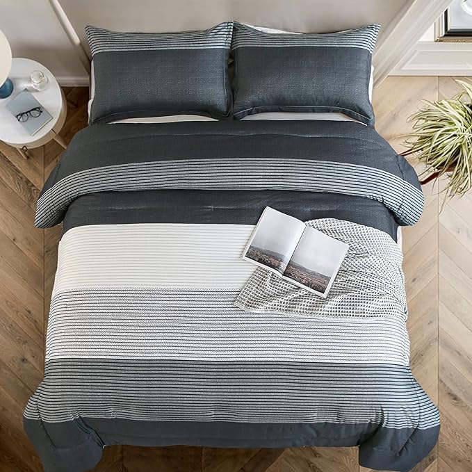 WONGS BEDDING Dark Grey Comforter Set Queen, Reversibl Grey Stripe Down Alternative Comforter for All Season,3 Pieces(1 Patchwork Comforter+2 Pillowcases), Soft Microfiber Bedding Set 90”×90” - LeafyLoom