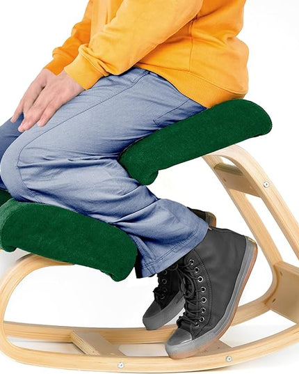 Ergonomic Kneeling Office Chair - Rocking Home & Work Wooden Computer Desk Chairs, Back & Neck Spine Pain, Better Posture, Ergo Knee Support Stool, Cross Legged Sitting (Green) - LeafyLoom