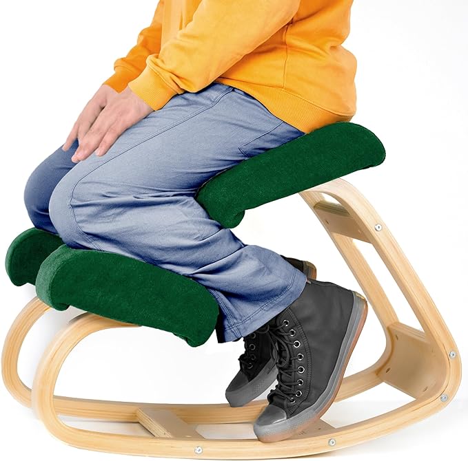 Ergonomic Kneeling Office Chair - Rocking Home & Work Wooden Computer Desk Chairs, Back & Neck Spine Pain, Better Posture, Ergo Knee Support Stool, Cross Legged Sitting (Green) - LeafyLoom