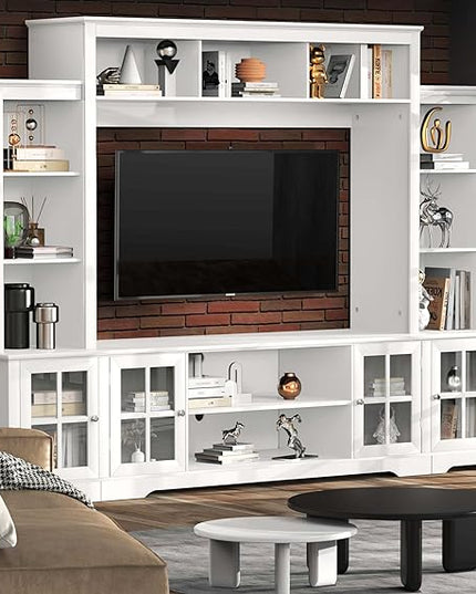 Large Wall Unit Entertainment Center with Storage, Modern TV Entertainment Center with Bookshelves and Bridge Cabinet, Living Room Tall Bookshelf with Storage, 65.7" Wide for TV Placement, White - LeafyLoom