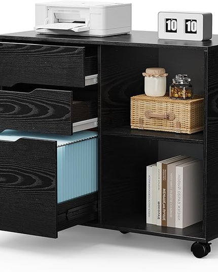 OLIXIS 3 Drawer File Cabinet Lateral Printer Stand with Adjustable Storage Shelves for Home Office Small Space, Black - LeafyLoom