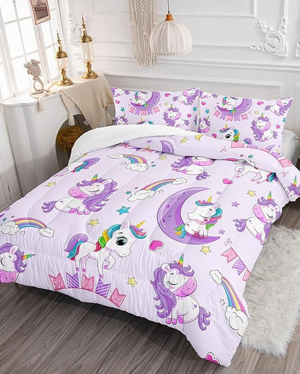 Axolotl Purple Unicorn Comforter Set Twin Size,Girls Bedding Set,Cute Unicorn Rainbow Bedding Set with Stars for Kids Girls Teens Adults Women,1 Comforter with 2 Pillowcase Unicorn Gifts for Girls - LeafyLoom