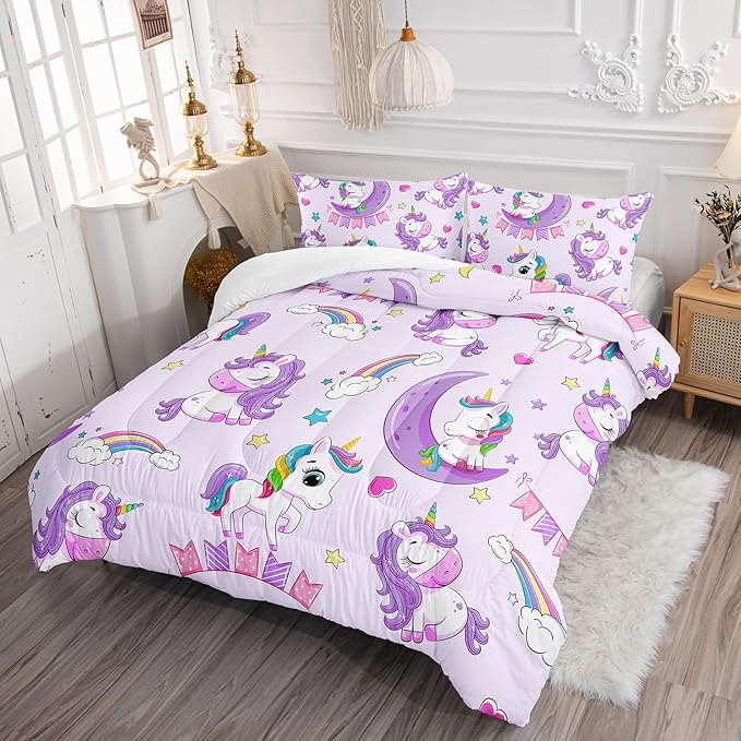 Axolotl Purple Unicorn Comforter Set Twin Size,Girls Bedding Set,Cute Unicorn Rainbow Bedding Set with Stars for Kids Girls Teens Adults Women,1 Comforter with 2 Pillowcase Unicorn Gifts for Girls - LeafyLoom