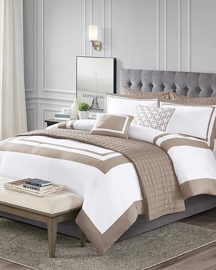 Madison Park Comforter Set and Quilt Combo, Chic Hotel Bedding Queen/Full Size Comforter Sets, Heritage Soft Microfiber, Quilted Coverlet, Shams, Throw Pillow, King/Cal King, Taupe 8 Piece - LeafyLoom