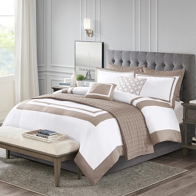 Madison Park Comforter Set and Quilt Combo, Chic Hotel Bedding Queen/Full Size Comforter Sets, Heritage Soft Microfiber, Quilted Coverlet, Shams, Throw Pillow, King/Cal King, Taupe 8 Piece - LeafyLoom