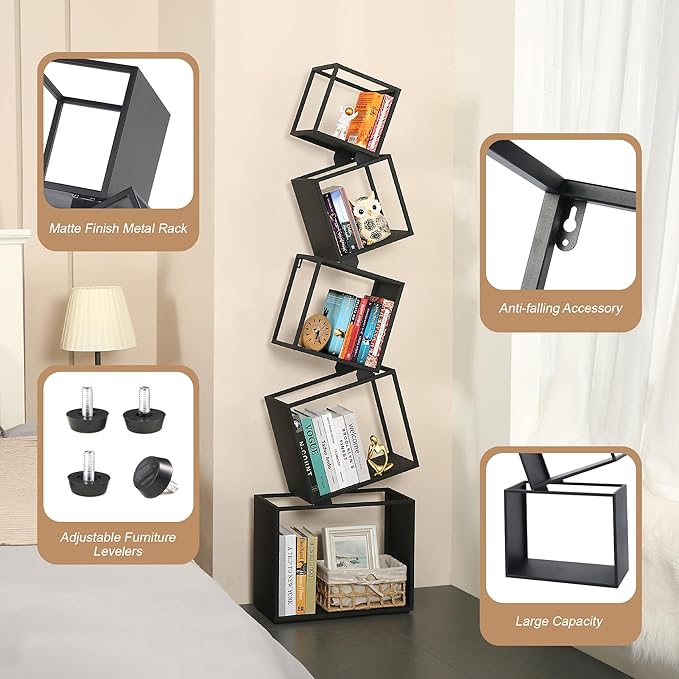 Bookshelf, Book Shelf, 5 Tier Bookshelf, Black Bookshelf, 67'' Tall, Modern Bookshelf for Books/CDs/Home Decor, Bookcase for living room, dining room, bedroom, nursery room - LeafyLoom