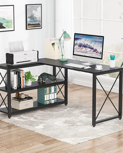 Tribesigns Reversible Industrial L-Shaped Desk with Storage Shelves, Corner Computer Desk PC Laptop Study Table Workstation for Home Office Small Space (Black, 53") - LeafyLoom