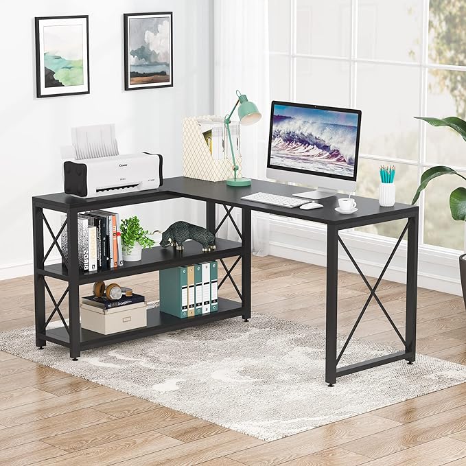 Tribesigns Reversible Industrial L-Shaped Desk with Storage Shelves, Corner Computer Desk PC Laptop Study Table Workstation for Home Office Small Space (Black, 53") - LeafyLoom