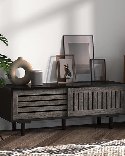 Mid-Century Modern TV Stand, Glossy Black TV Console with Sliding Doors,TV Console with Large Storage, Entertainment Center with Sturdy Solid Wood Legs, Living Room&Bedroom, Gray&Black - LeafyLoom