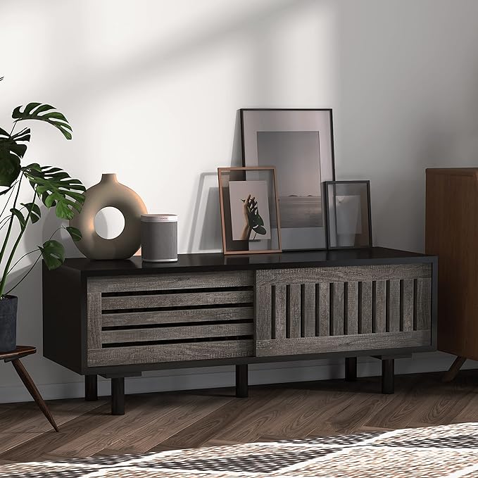 Mid-Century Modern TV Stand, Glossy Black TV Console with Sliding Doors,TV Console with Large Storage, Entertainment Center with Sturdy Solid Wood Legs, Living Room&Bedroom, Gray&Black - LeafyLoom