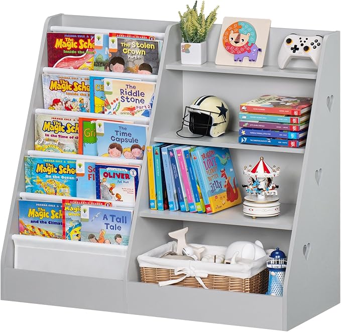Lerliuo 4 Tier Kids Bookshelf and Storage Organizer, Five Layer Sling Children Bookcase, Baby Toddler Wooden Book Shelf, Display Cabinet for Playroom, Bedroom, Classroom, Nursery, School (Grey) - LeafyLoom