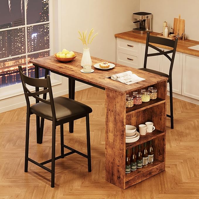 GAOMON Dining Table Set for 2, Kitchen Table Set for 2, Expandable Kitchen Bar Table and Chairs with 2 Upholstered Chairs and 3 Storage Shelves for Apartment Small Space, Rustic Brown - LeafyLoom