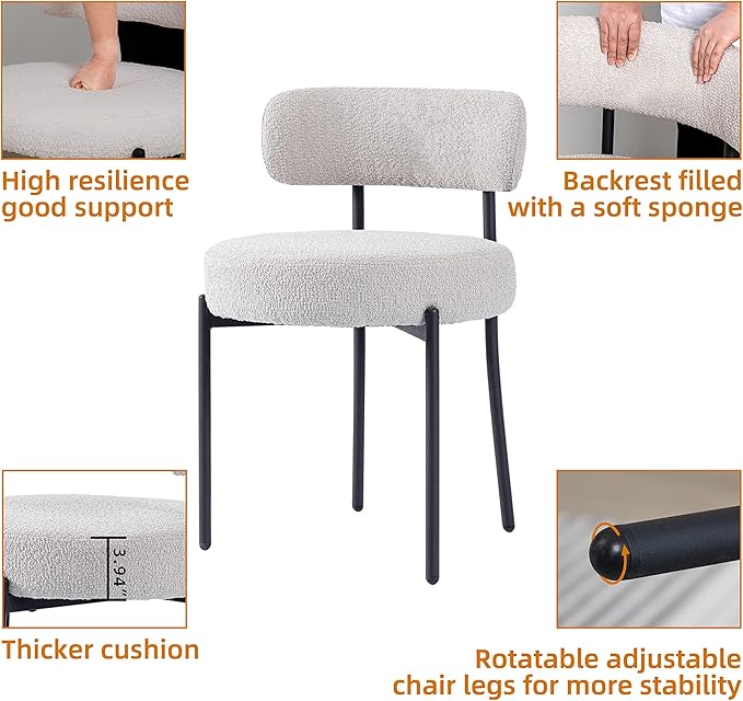 DYHOME Light Grey Dining Chairs Set of 4, Modern Dining Room Chairs Mid-Century, Round Upholstered Kitchen Chairs with Black Metal Legs, Boucle Sherpa Dining Chair - LeafyLoom