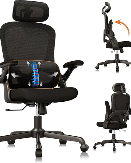 Ergonomic Office Chair, High Back Mesh Desk Chair with Adjustable Lumbar Support, 3D Flip-Up Arms, Headrest, Swivel Rolling Wheel, Big and Tall Comfy Wide Work Task Computer Gaming Chairs for Adults - LeafyLoom