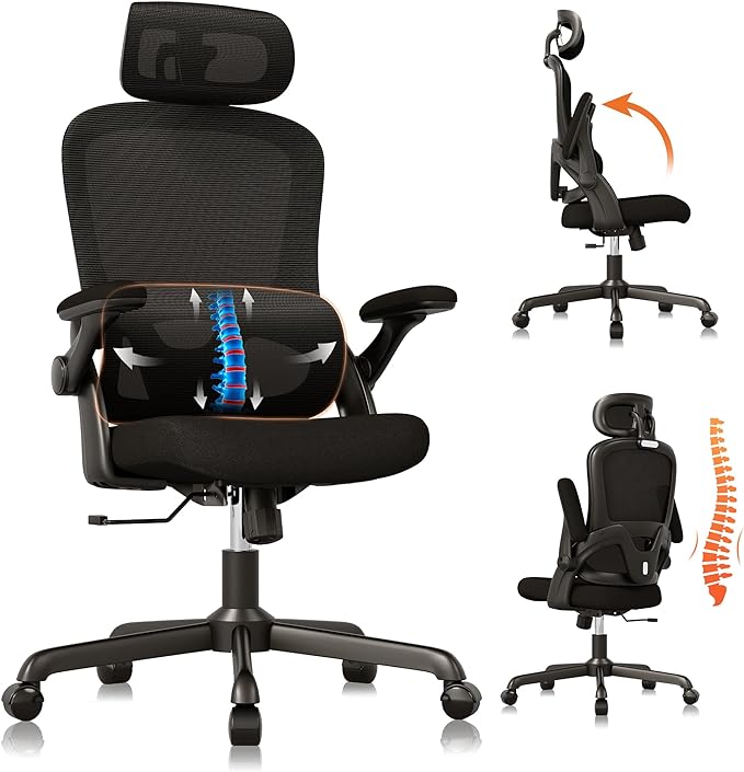 Ergonomic Office Chair, High Back Mesh Desk Chair with Adjustable Lumbar Support, 3D Flip-Up Arms, Headrest, Swivel Rolling Wheel, Big and Tall Comfy Wide Work Task Computer Gaming Chairs for Adults - LeafyLoom
