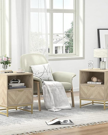 Anmytek Night Stand, Small Side Table, Sturdy Wood Nightstand with Storage Drawer and Shelf, Modern End Table Bedside Table with Polished Gold Handles for Bedroom, Dorm, Small Spaces H0054 - LeafyLoom