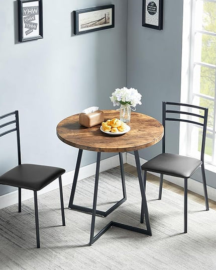 VECELO Round Kitchen Table with 2 Upholstered Chairs, 3-Piece Wood Dinette Sets with Steel Frame for Breakfast Nook, Dining Room, and Small Space, Antique Brown - LeafyLoom