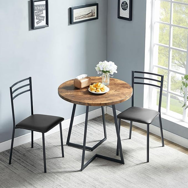 VECELO Round Kitchen Table with 2 Upholstered Chairs, 3-Piece Wood Dinette Sets with Steel Frame for Breakfast Nook, Dining Room, and Small Space, Antique Brown - LeafyLoom
