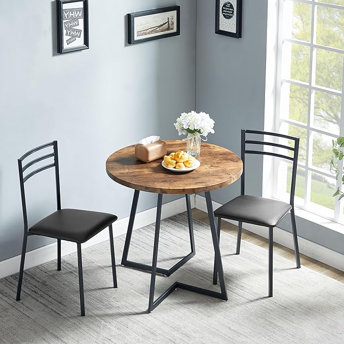 VECELO Round Kitchen Table with 2 Upholstered Chairs, 3-Piece Wood Dinette Sets with Steel Frame for Breakfast Nook, Dining Room, and Small Space, Antique Brown - LeafyLoom