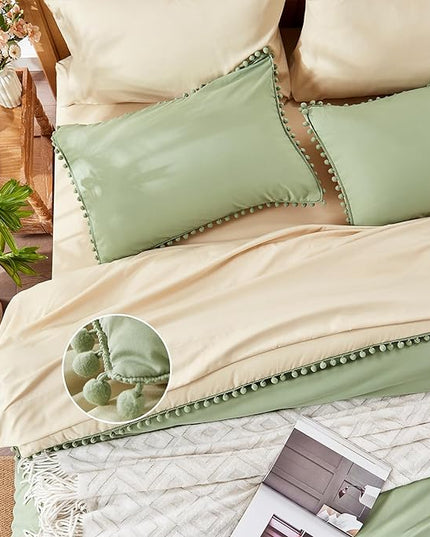 Anluoer Queen Comforter Set 7 Piece, Sage Green Bed in a Bag with Sheets, Pom Pom Boho Bedding Comforter Sets with 1 Comforter, 2 Pillow Shams, 2 Pillowcases, 1 Flat Sheet, 1 Fitted Sheet - LeafyLoom