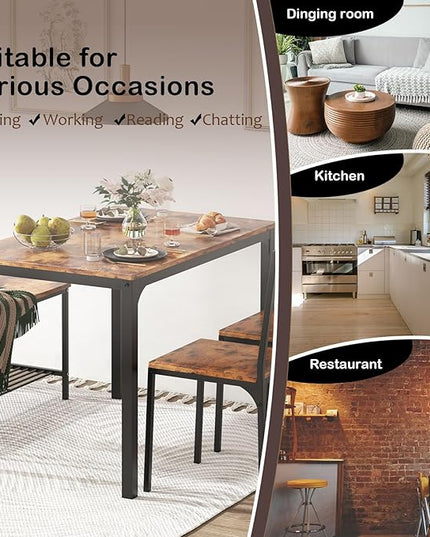 soges 4 Person Dining Table Set, 43.3inch Kitchen Table Set for 4, Dining Room 2 Chairs with Backrest, 2-Person Bench with Storage Rack, Vintage Brown - LeafyLoom