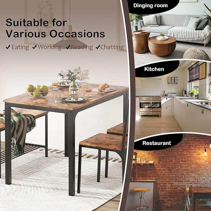 soges 4 Person Dining Table Set, 43.3inch Kitchen Table Set for 4, Dining Room 2 Chairs with Backrest, 2-Person Bench with Storage Rack, Vintage Brown - LeafyLoom