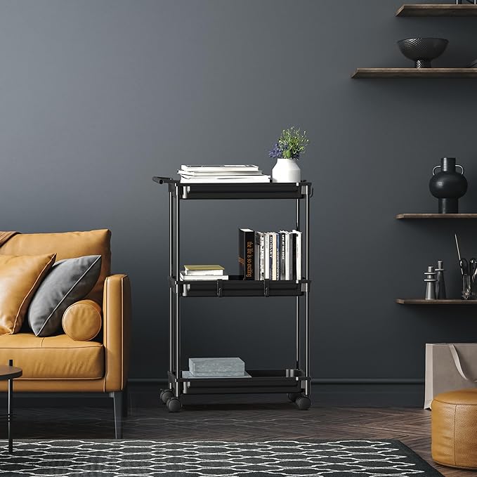 SimpleHouseware Standard 3-Tier Slim Rolling Storage Cart, Black - LeafyLoom